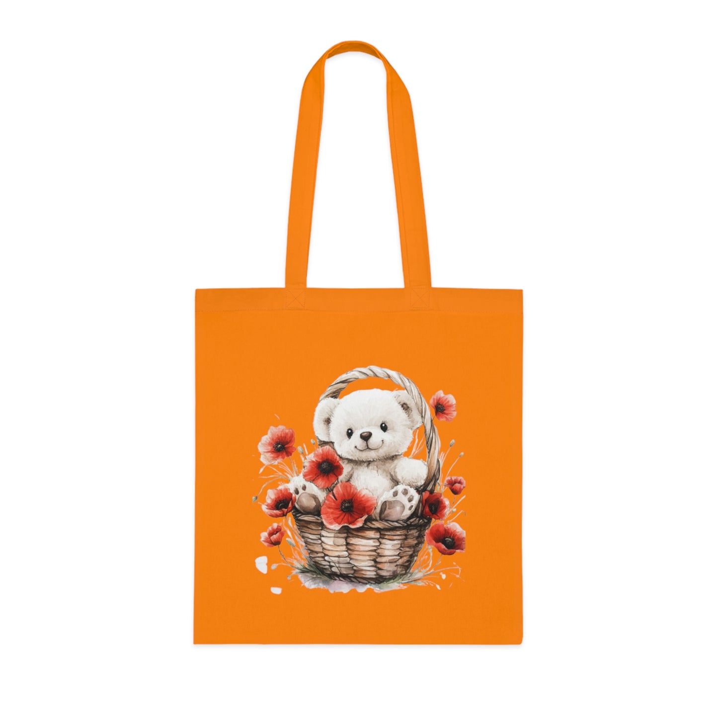 Cute Bear and Poppy Floral Cotton Tote Bag - Eco-Friendly Reusable Shopping Tote