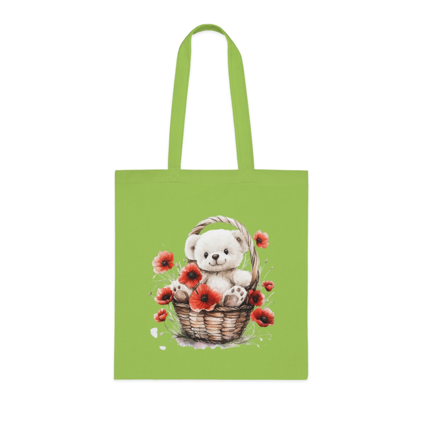 Cute Bear and Poppy Floral Cotton Tote Bag - Eco-Friendly Reusable Shopping Tote