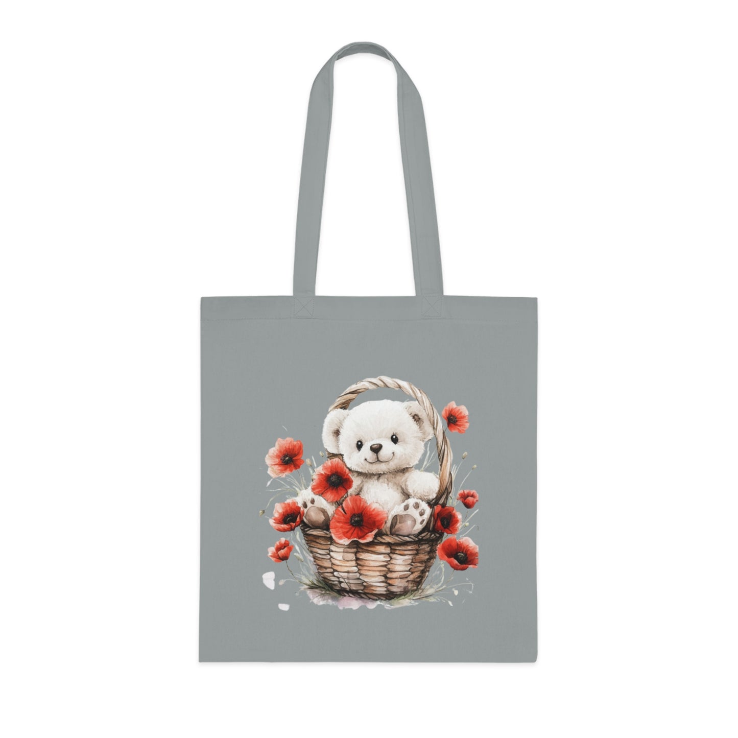 Cute Bear and Poppy Floral Cotton Tote Bag - Eco-Friendly Reusable Shopping Tote