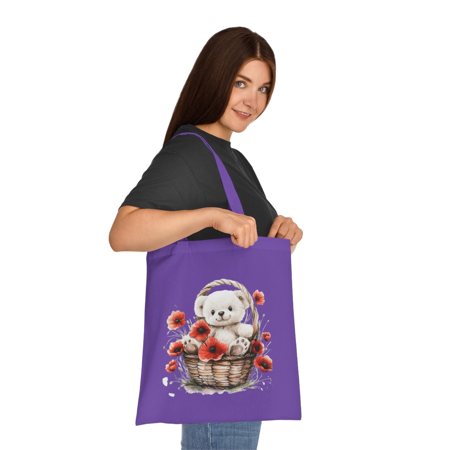 Cute Bear and Poppy Floral Cotton Tote Bag - Eco-Friendly Reusable Shopping Tote
