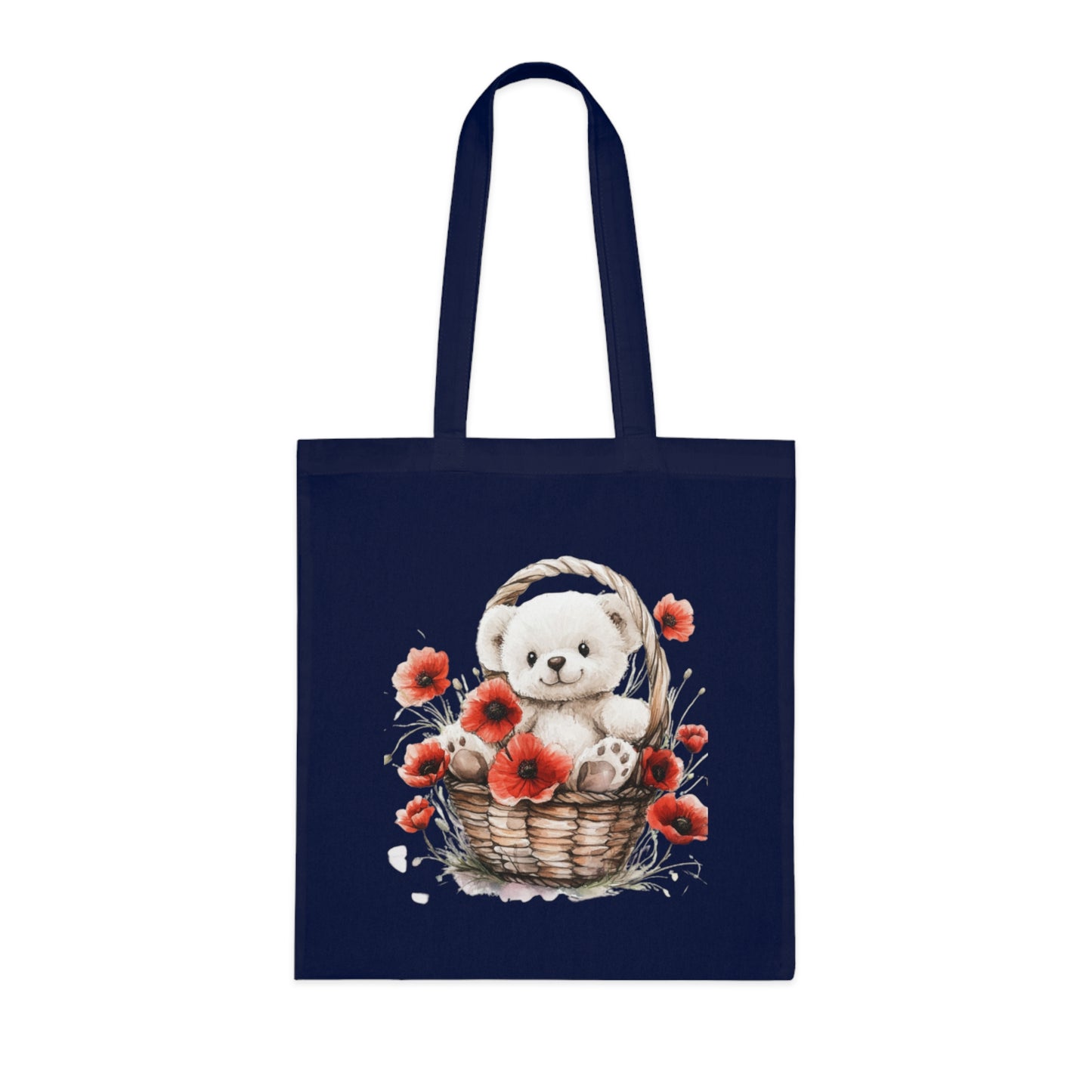 Cute Bear and Poppy Floral Cotton Tote Bag - Eco-Friendly Reusable Shopping Tote
