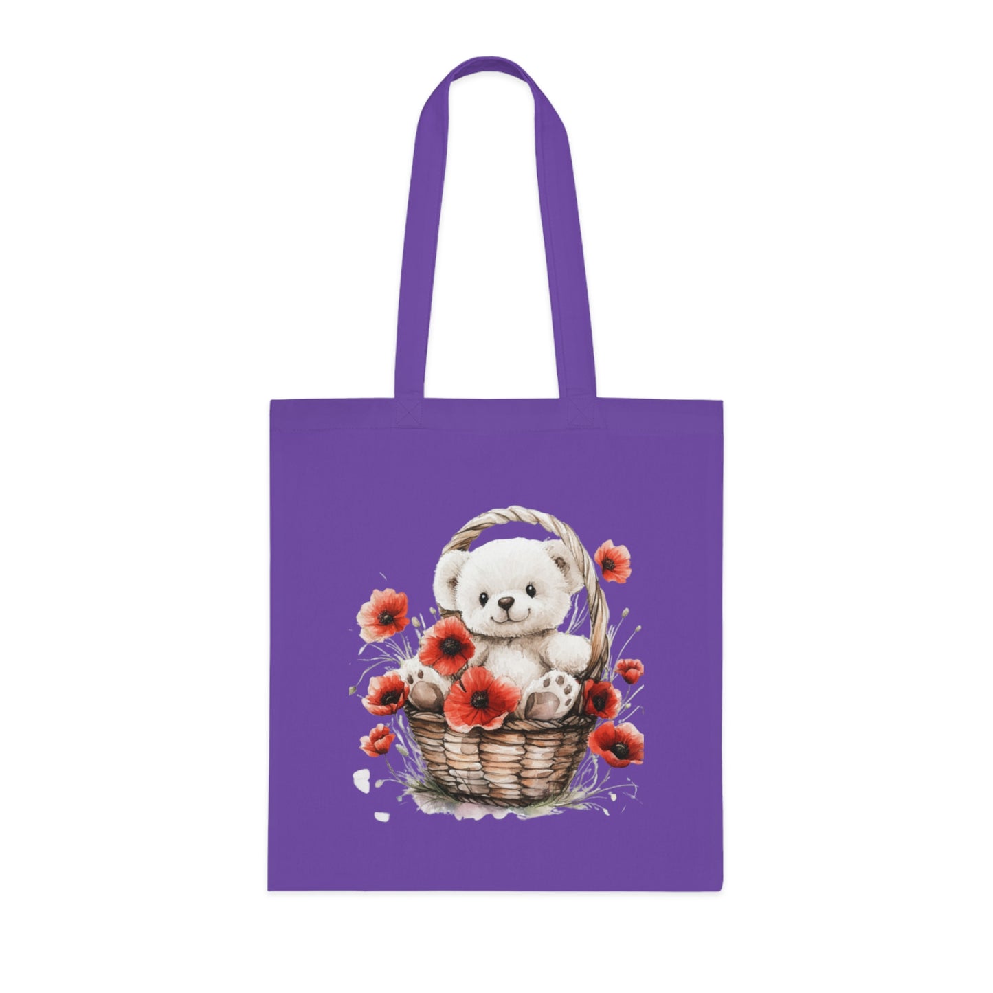 Cute Bear and Poppy Floral Cotton Tote Bag - Eco-Friendly Reusable Shopping Tote