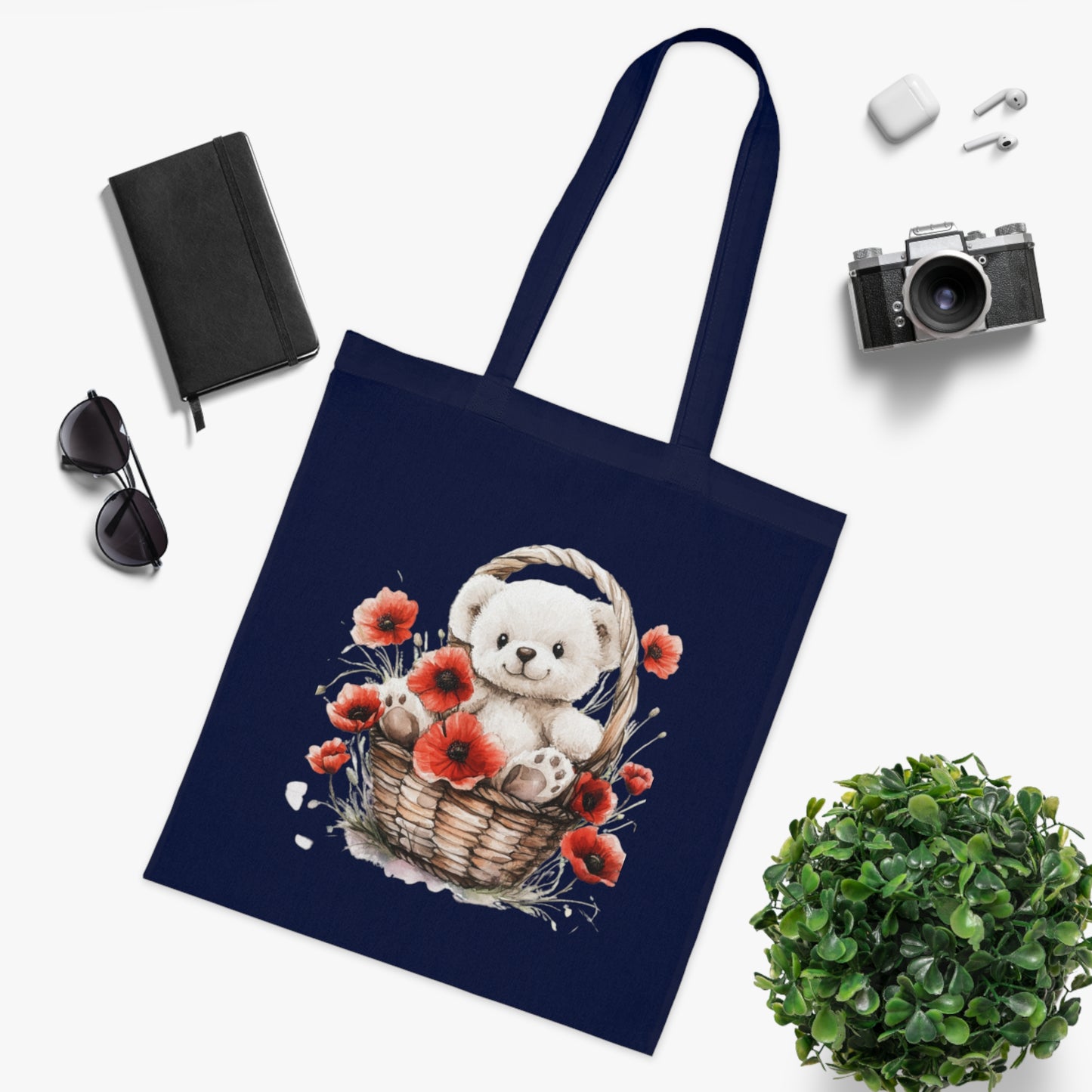 Cute Bear and Poppy Floral Cotton Tote Bag - Eco-Friendly Reusable Shopping Tote