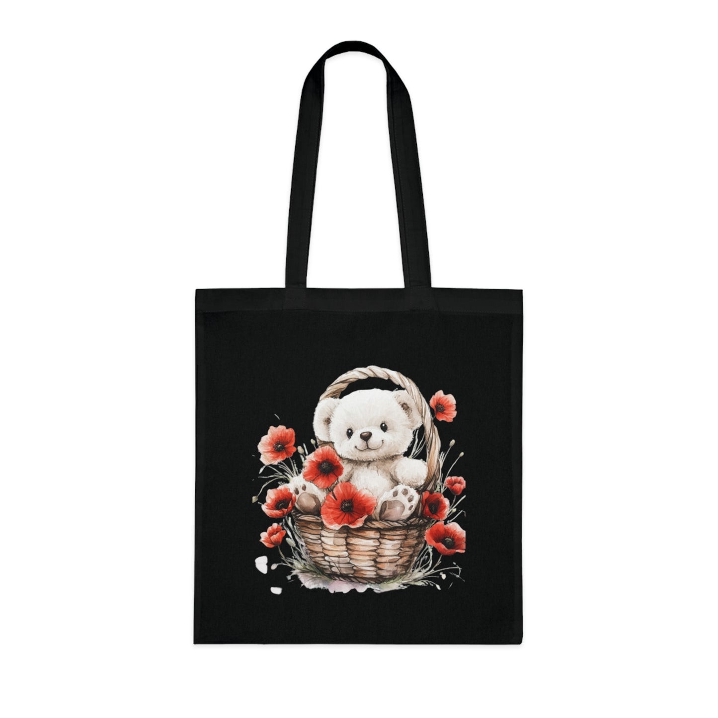 Cute Bear and Poppy Floral Cotton Tote Bag - Eco-Friendly Reusable Shopping Tote