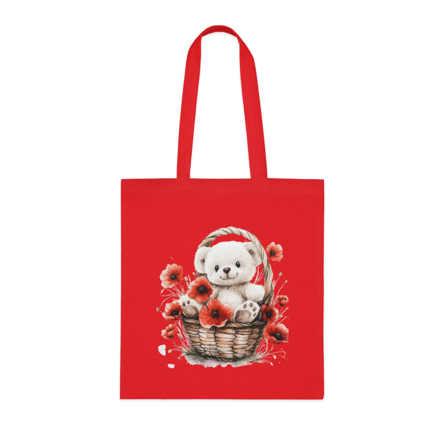 Cute Bear and Poppy Floral Cotton Tote Bag - Eco-Friendly Reusable Shopping Tote