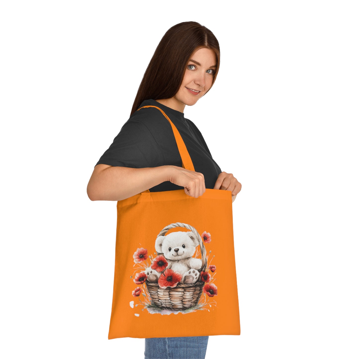 Cute Bear and Poppy Floral Cotton Tote Bag - Eco-Friendly Reusable Shopping Tote