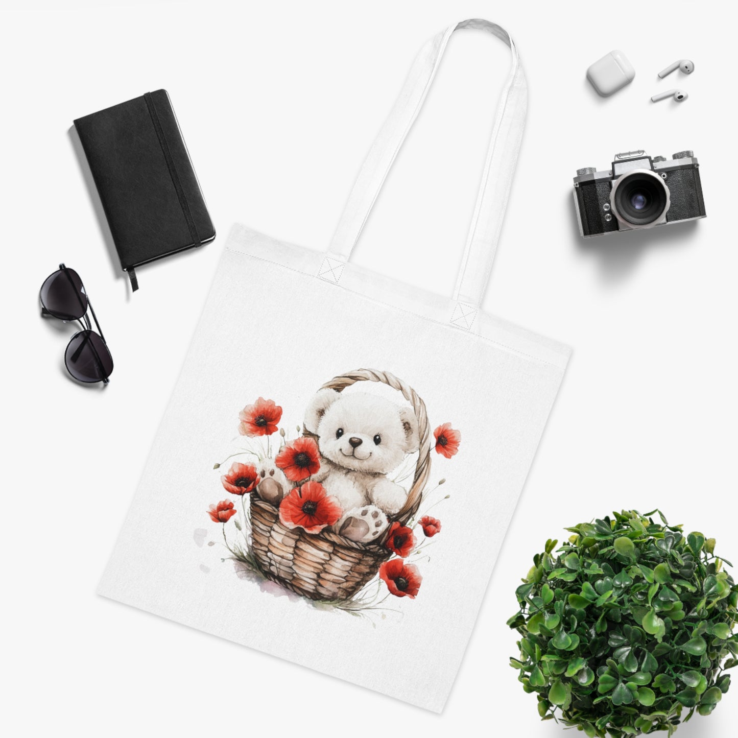 Cute Bear and Poppy Floral Cotton Tote Bag - Eco-Friendly Reusable Shopping Tote