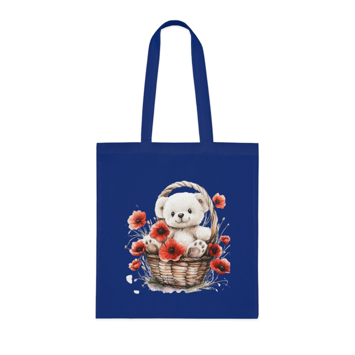 Cute Bear and Poppy Floral Cotton Tote Bag - Eco-Friendly Reusable Shopping Tote