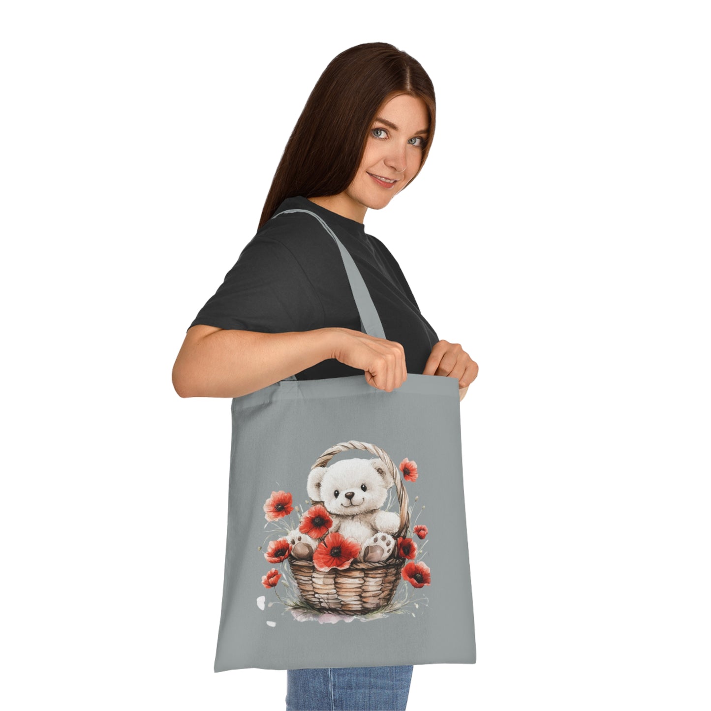 Cute Bear and Poppy Floral Cotton Tote Bag - Eco-Friendly Reusable Shopping Tote