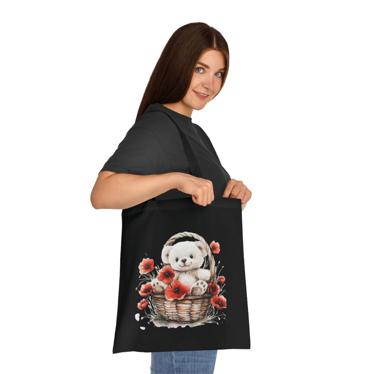 Cute Bear and Poppy Floral Cotton Tote Bag - Eco-Friendly Reusable Shopping Tote