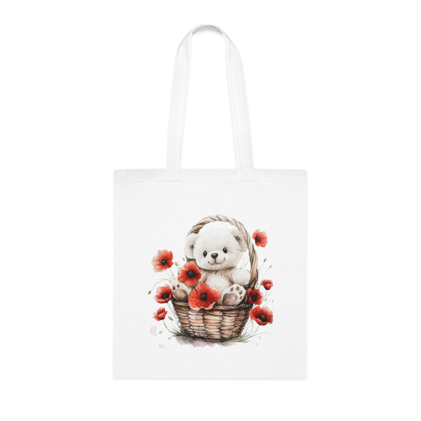 Cute Bear and Poppy Floral Cotton Tote Bag - Eco-Friendly Reusable Shopping Tote