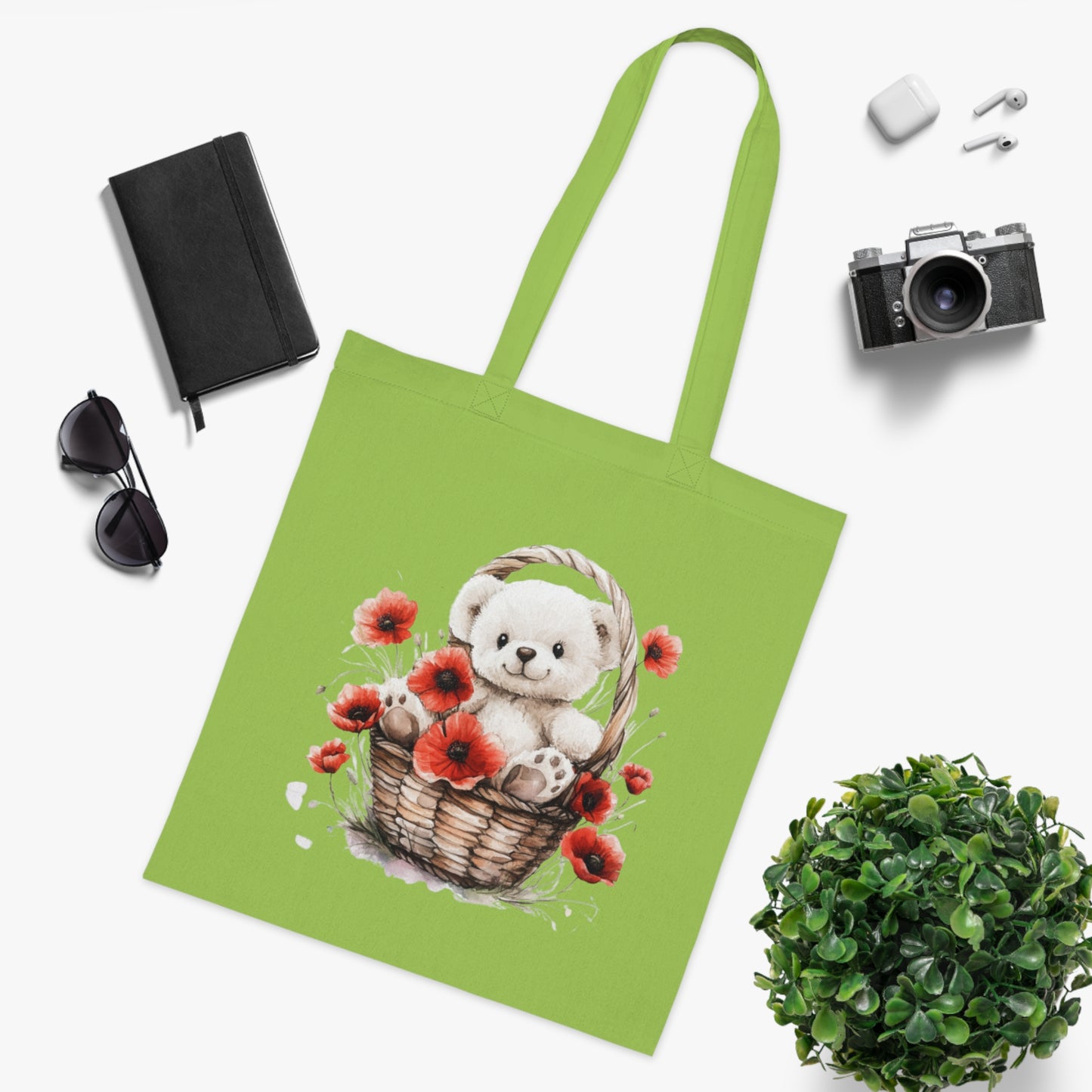 Cute Bear and Poppy Floral Cotton Tote Bag - Eco-Friendly Reusable Shopping Tote