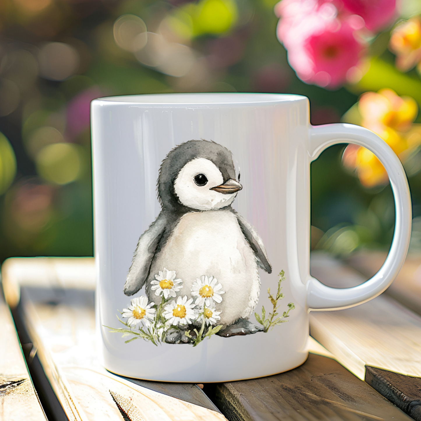 Baby Penguin With Daisies Mug