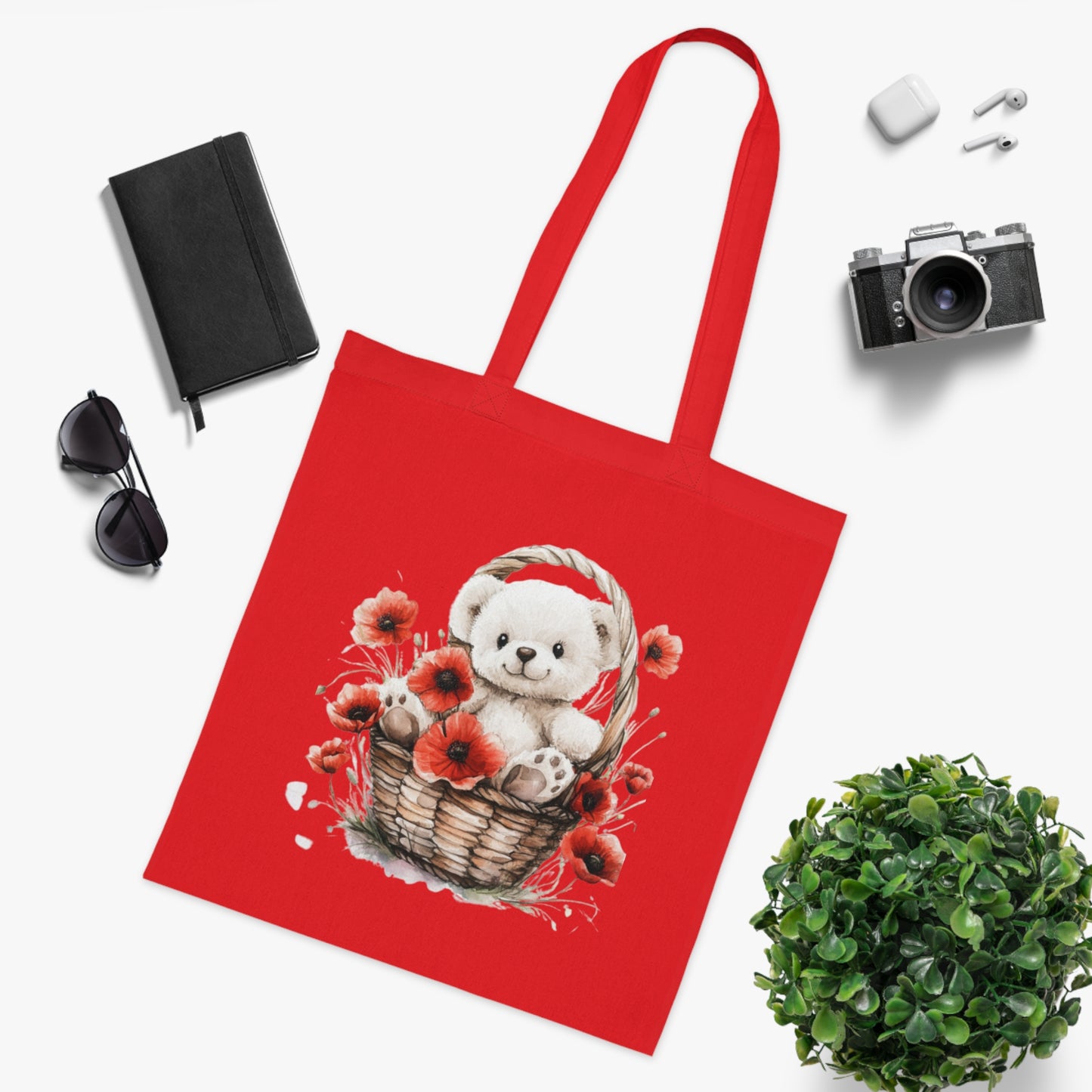 Cute Bear and Poppy Floral Cotton Tote Bag - Eco-Friendly Reusable Shopping Tote