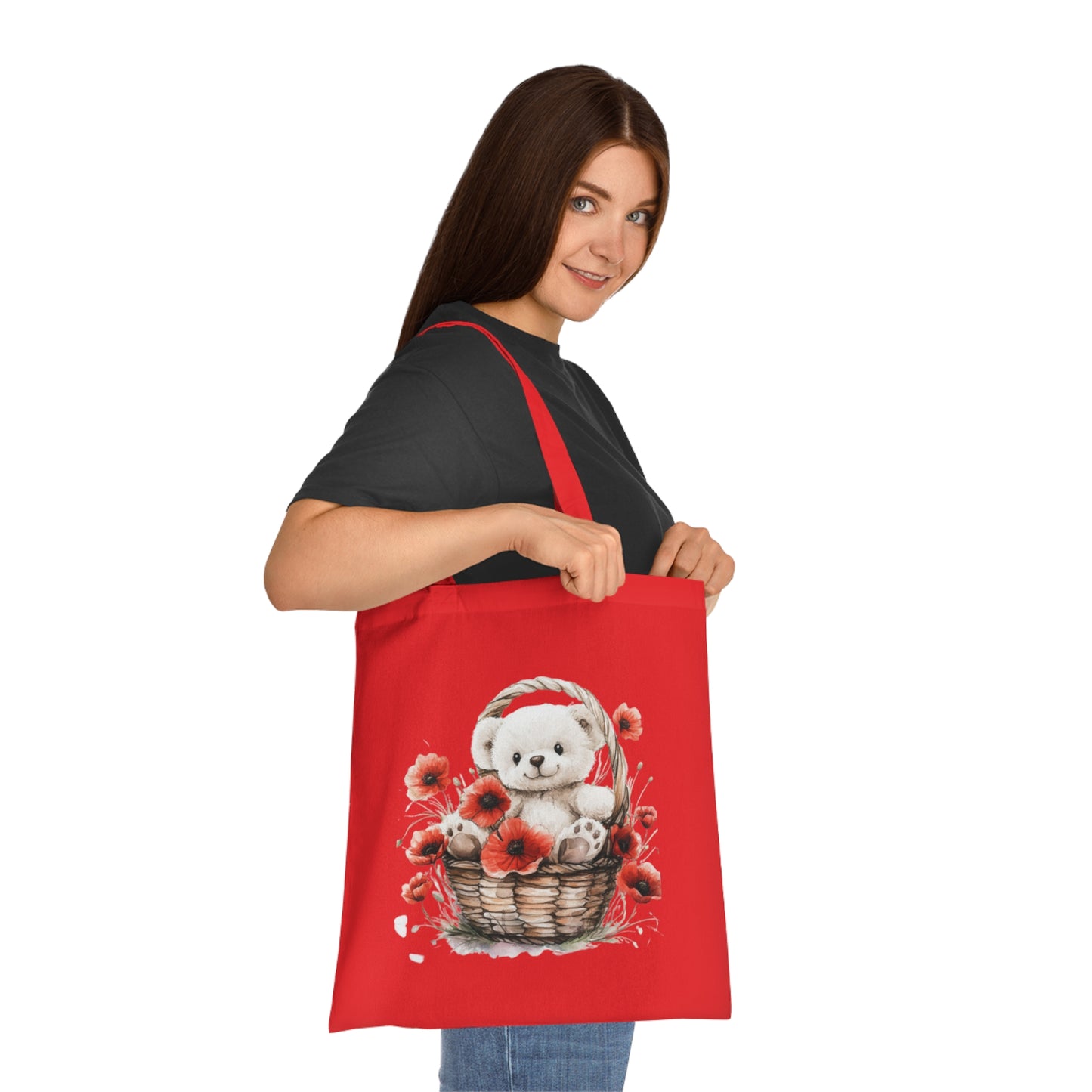 Cute Bear and Poppy Floral Cotton Tote Bag - Eco-Friendly Reusable Shopping Tote