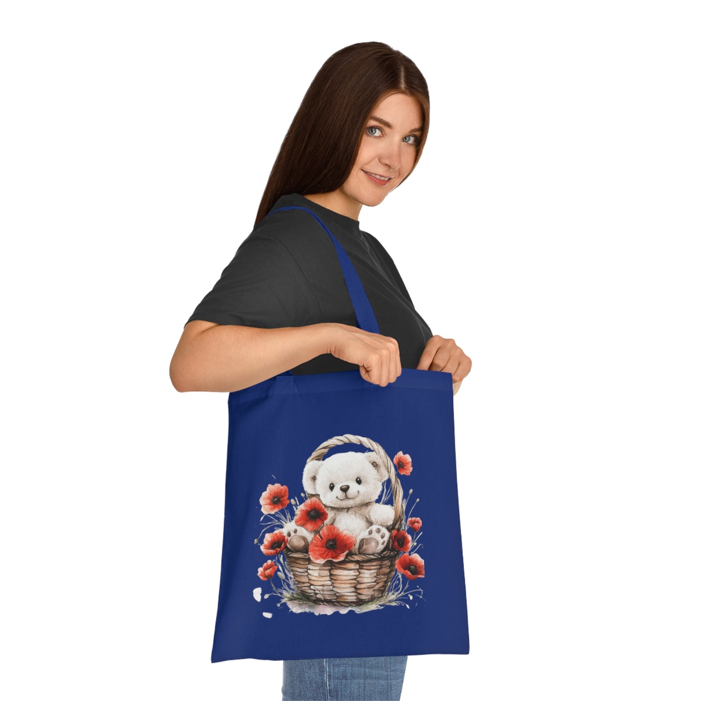 Cute Bear and Poppy Floral Cotton Tote Bag - Eco-Friendly Reusable Shopping Tote