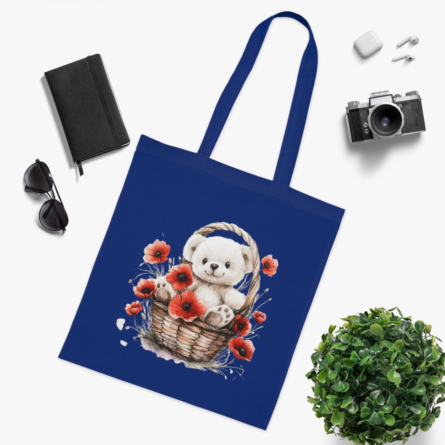 Cute Bear and Poppy Floral Cotton Tote Bag - Eco-Friendly Reusable Shopping Tote