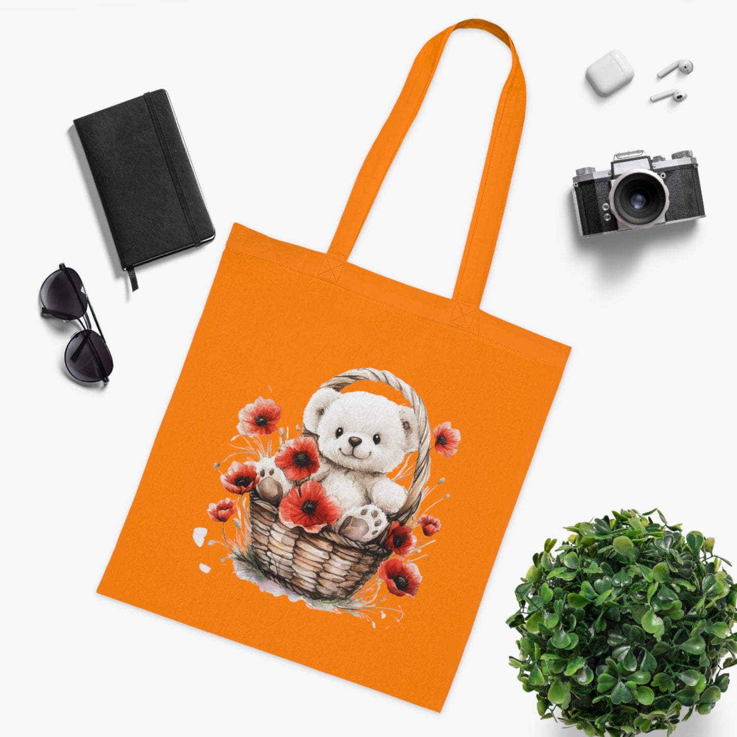 Cute Bear and Poppy Floral Cotton Tote Bag - Eco-Friendly Reusable Shopping Tote
