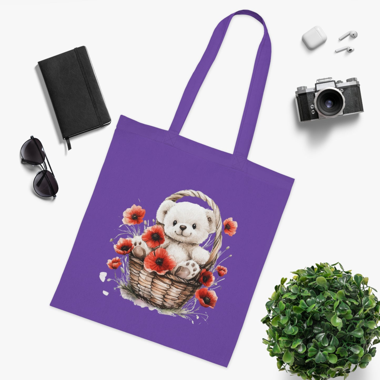 Cute Bear and Poppy Floral Cotton Tote Bag - Eco-Friendly Reusable Shopping Tote