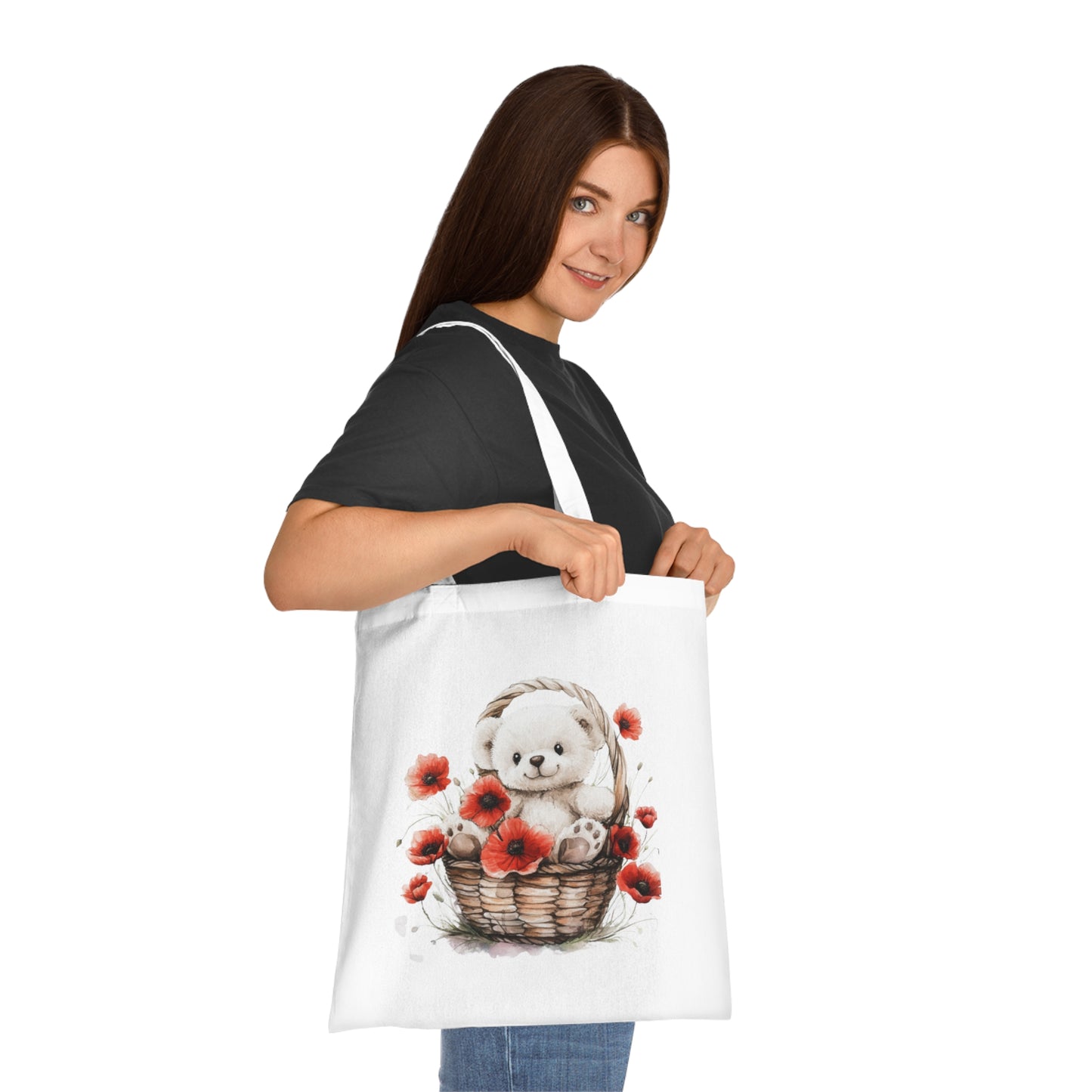 Cute Bear and Poppy Floral Cotton Tote Bag - Eco-Friendly Reusable Shopping Tote