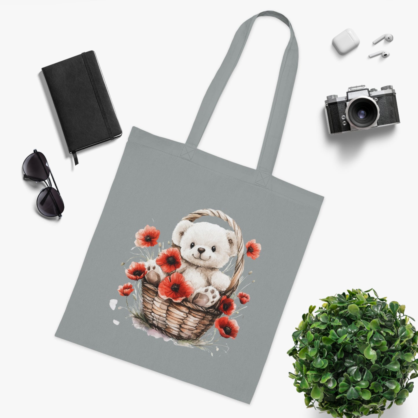 Cute Bear and Poppy Floral Cotton Tote Bag - Eco-Friendly Reusable Shopping Tote