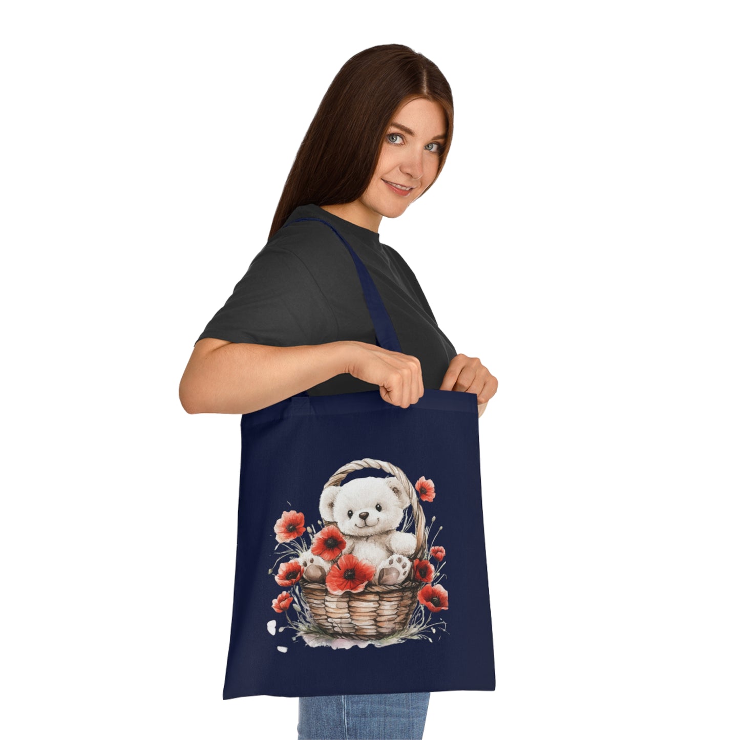 Cute Bear and Poppy Floral Cotton Tote Bag - Eco-Friendly Reusable Shopping Tote