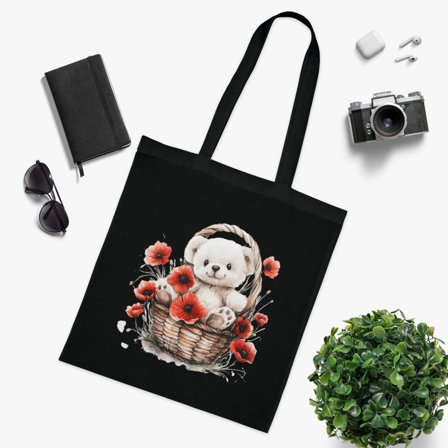 Cute Bear and Poppy Floral Cotton Tote Bag - Eco-Friendly Reusable Shopping Tote