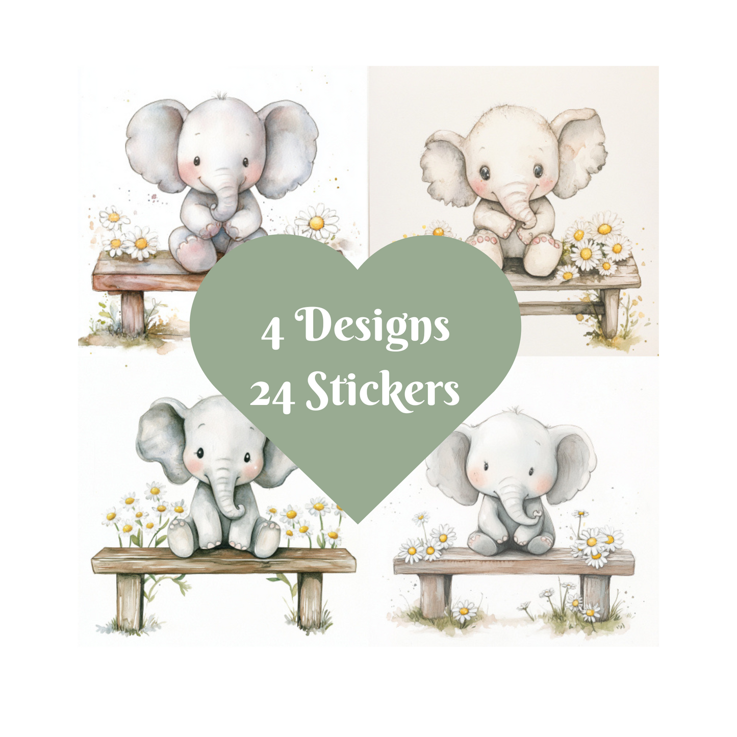 Elephant Stickers, Watercolour design square cut