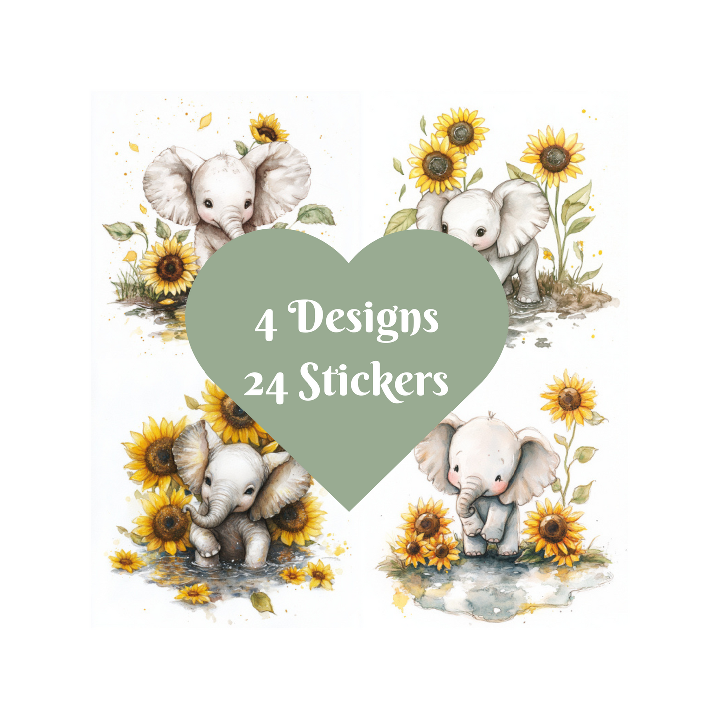 Elephant Stickers, Watercolour design square cut