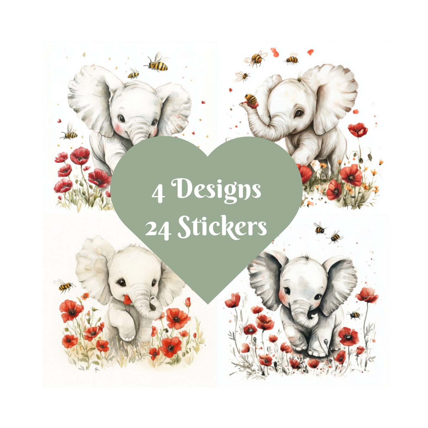 Elephant Stickers, Watercolour design square cut