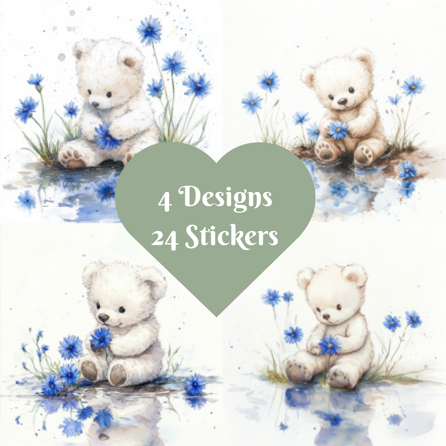 Teddy Bear Stickers, Watercolour design square cut