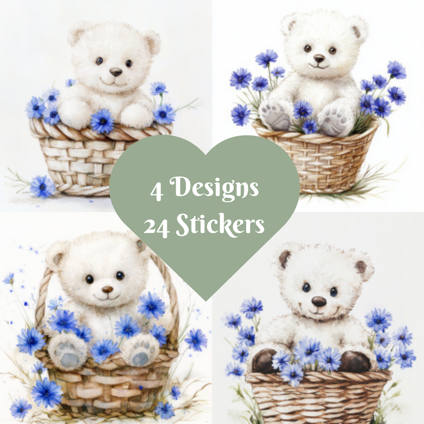 Teddy Bear Stickers, Watercolour design square cut