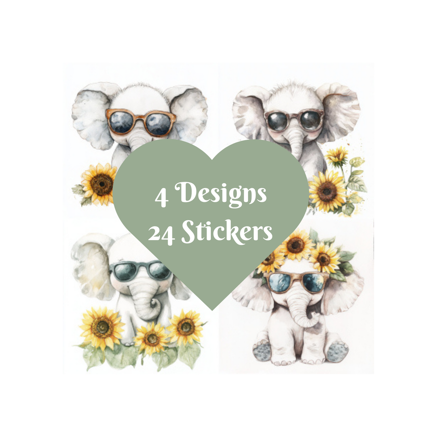 Elephant Stickers, Watercolour design square cut