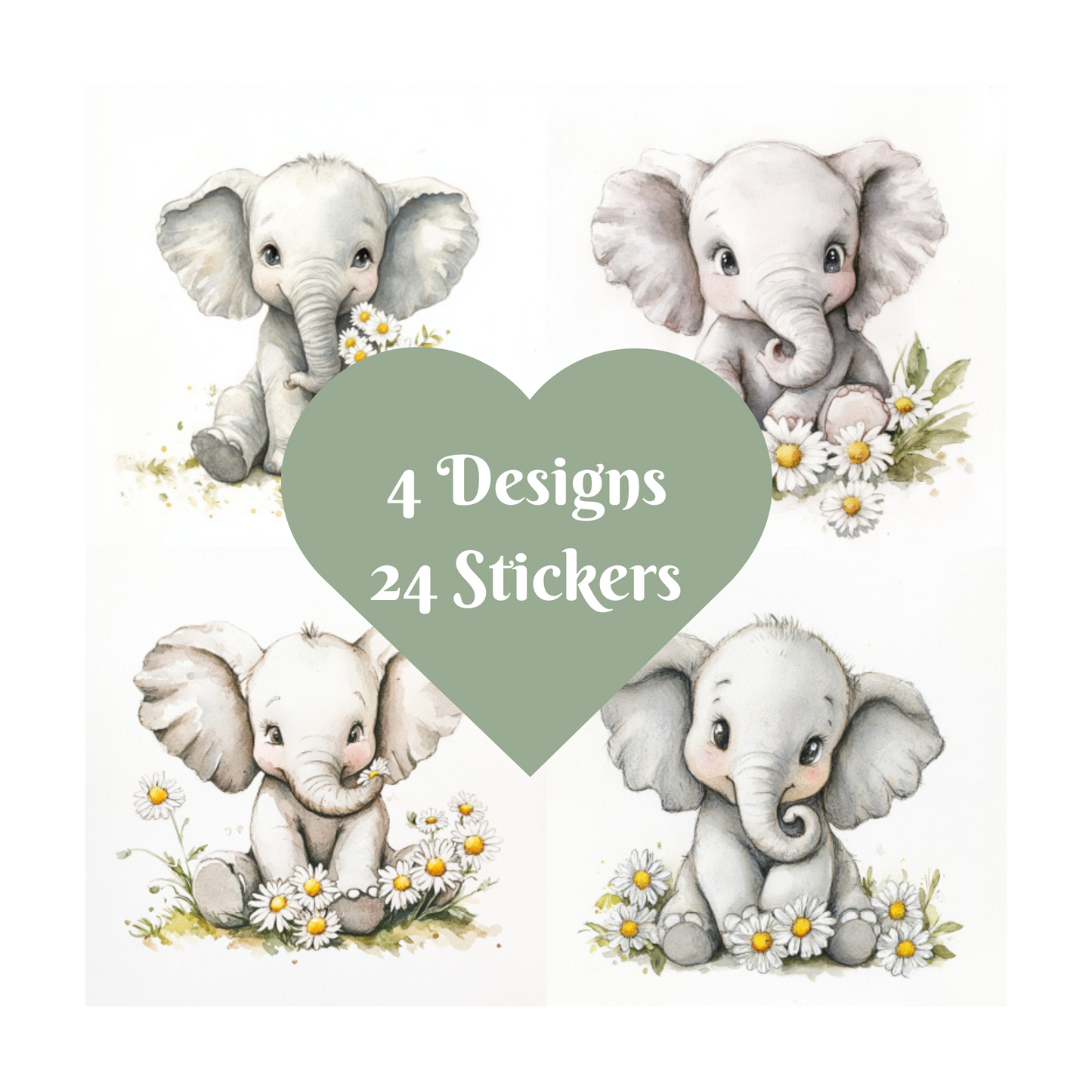 Elephant Stickers, Watercolour design square cut