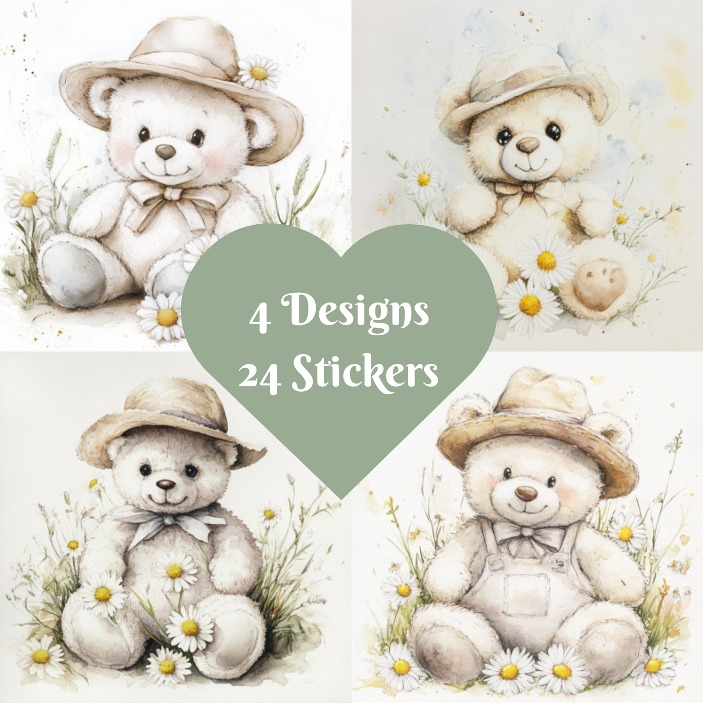 Teddy Bear Stickers, Watercolour design square cut