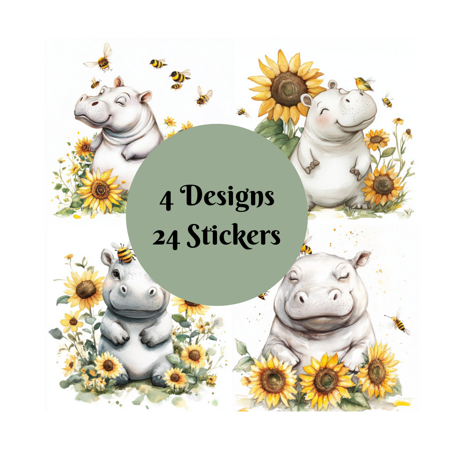 Hippo Stickers, Watercolour design square cut