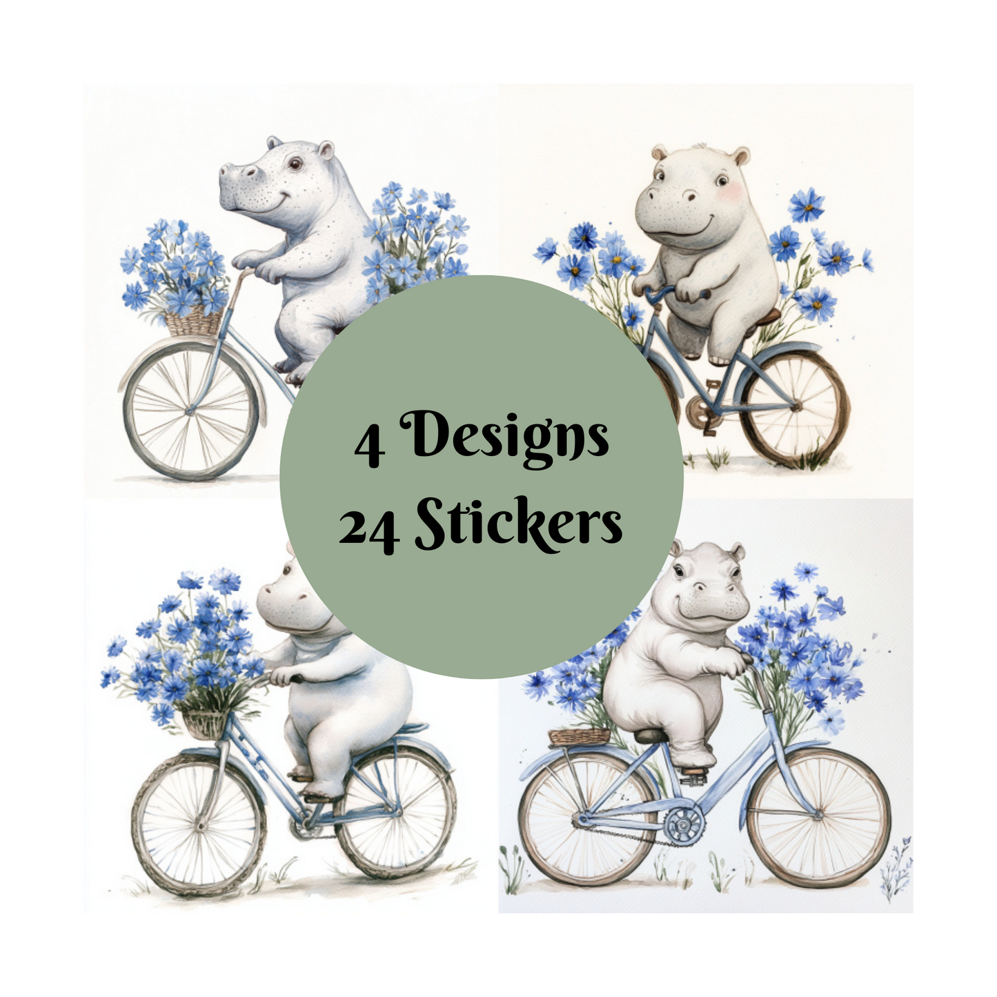 Hippo Stickers, Watercolour design square cut