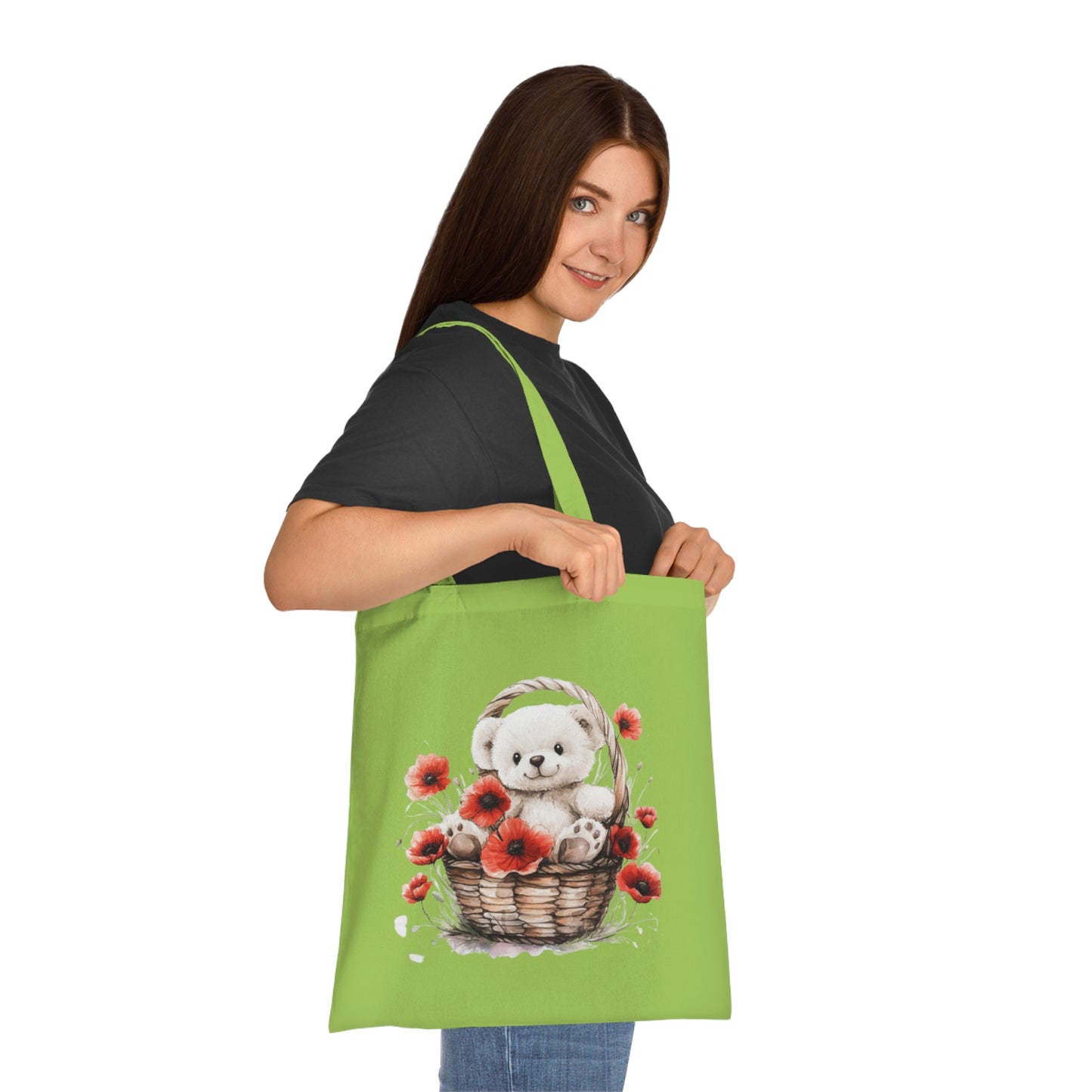 Cute Bear and Poppy Floral Cotton Tote Bag - Eco-Friendly Reusable Shopping Tote