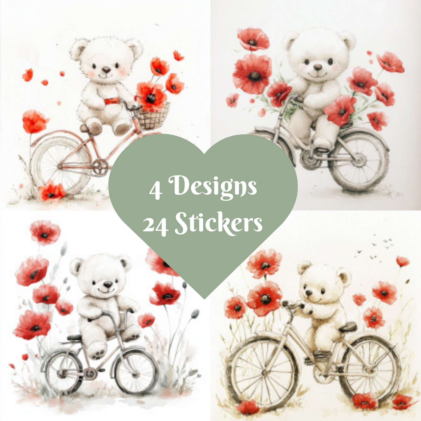 Teddy Bear Stickers, Watercolour design square cut