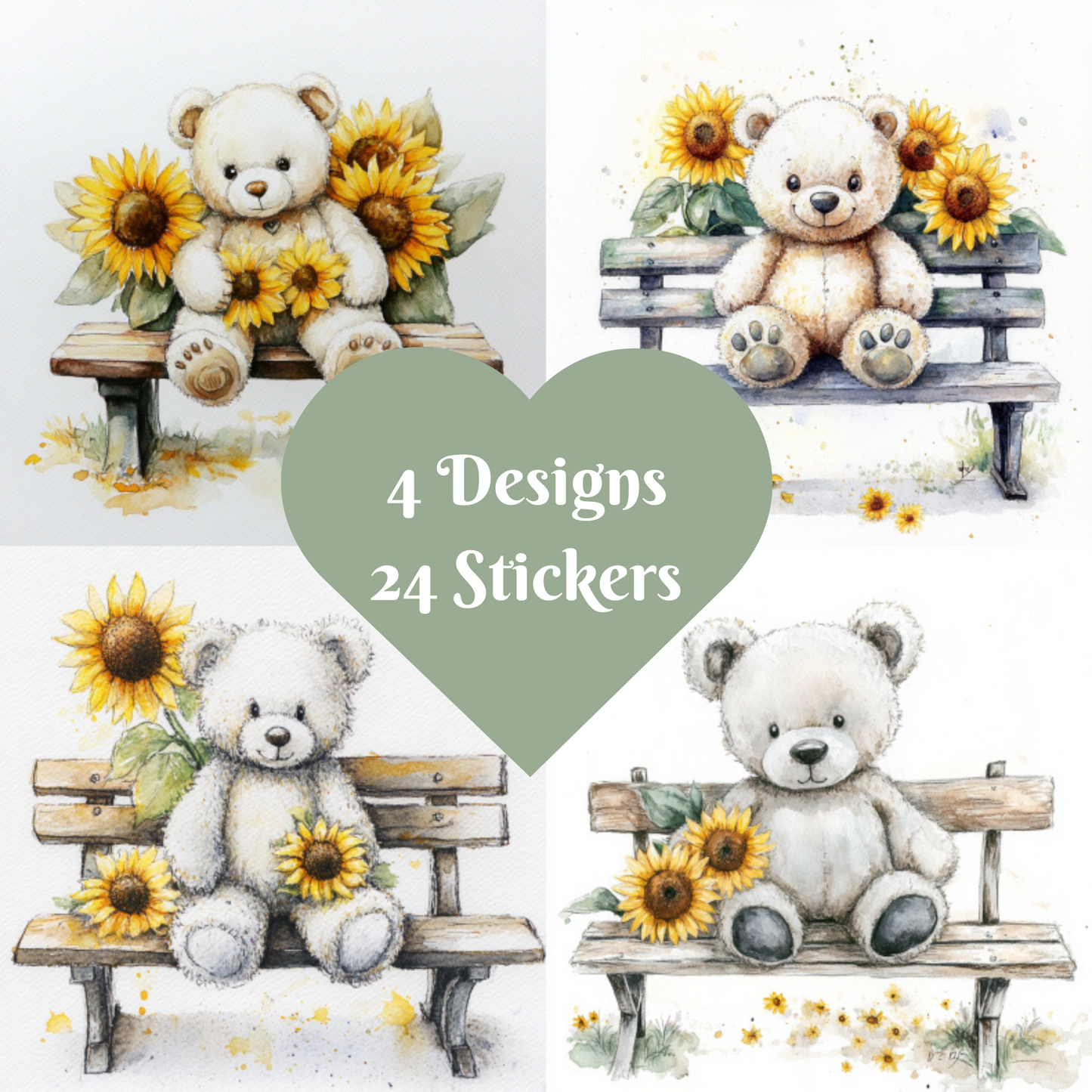 Teddy Bear Stickers, Watercolour design square cut