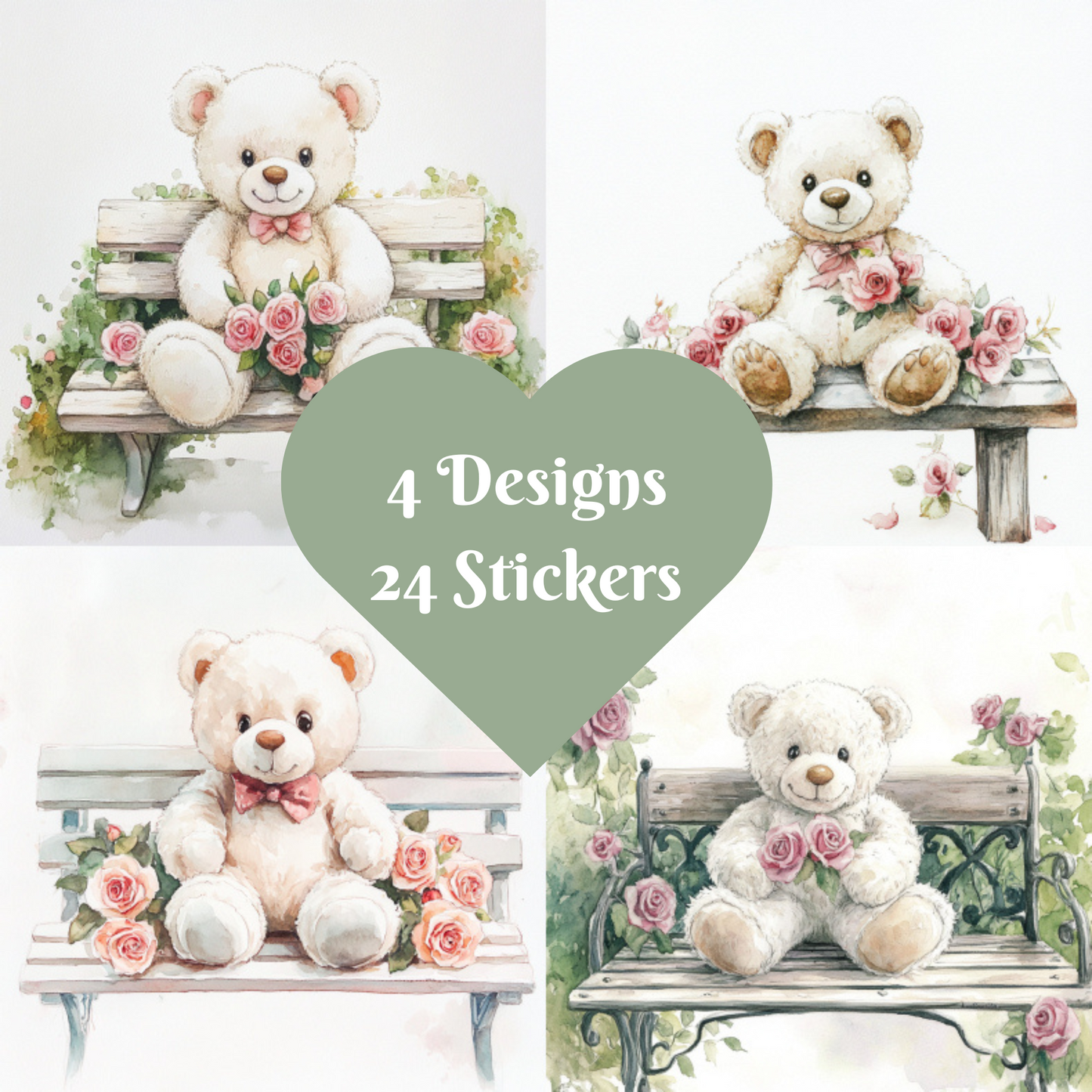 Teddy Bear Stickers, Watercolour design square cut