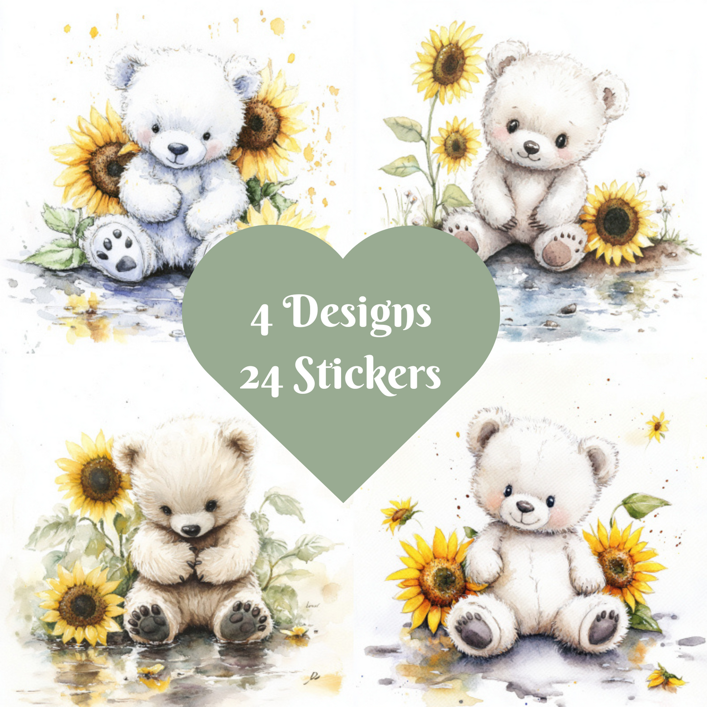 Teddy Bear Stickers, Watercolour design square cut