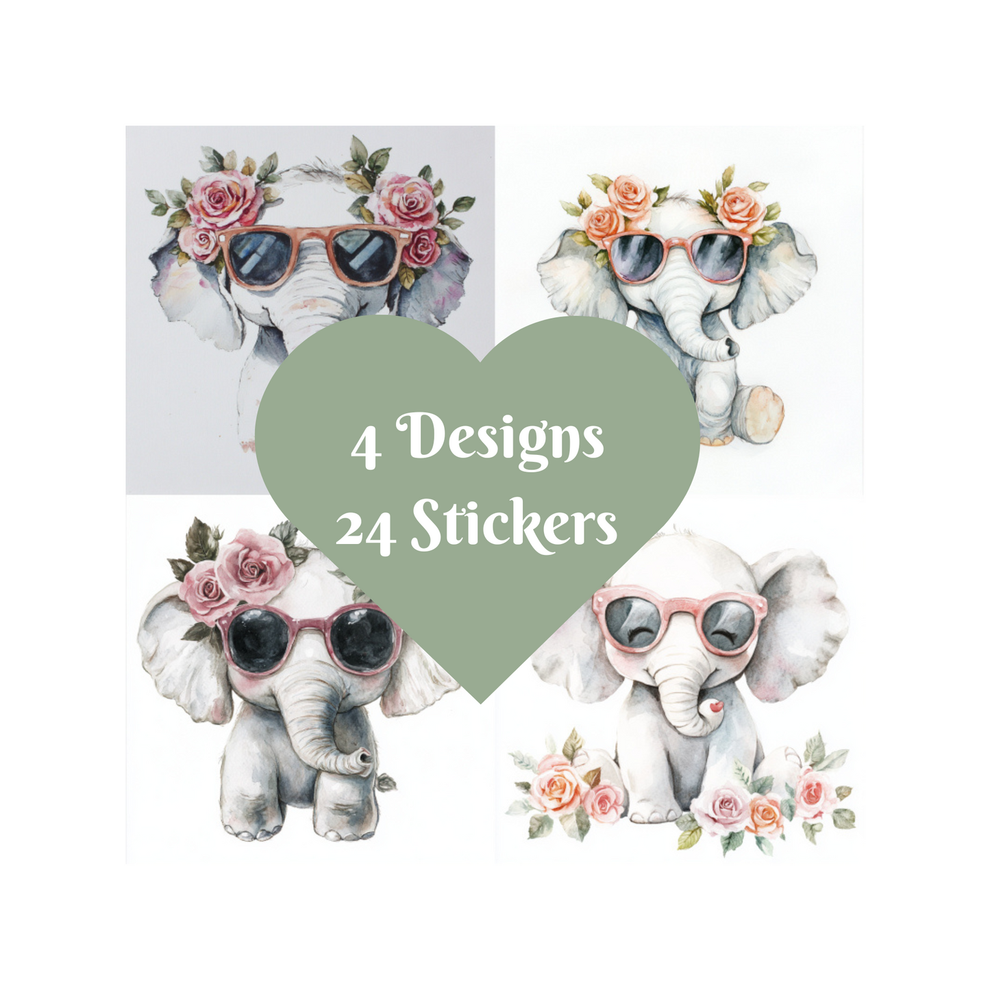 Elephant Stickers, Watercolour design square cut
