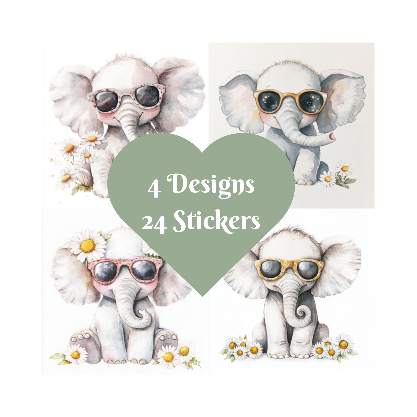 Elephant Stickers, Watercolour design square cut