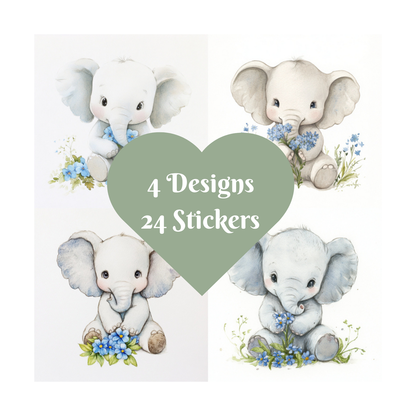 Elephant Stickers, Watercolour design square cut