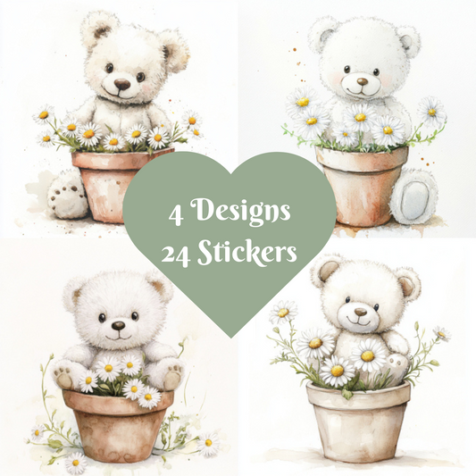 Teddy Bear Stickers, Watercolour design square cut
