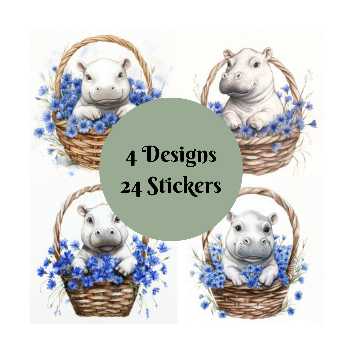 Hippo Stickers, Watercolour design square cut