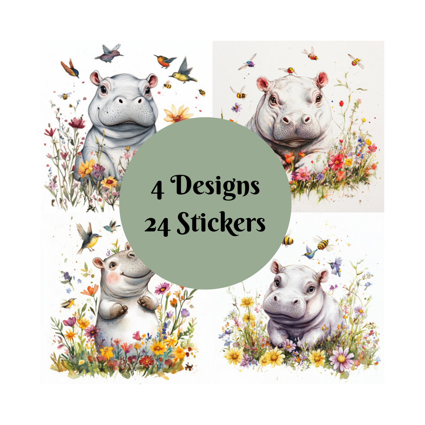 Hippo Stickers, Watercolour design square cut