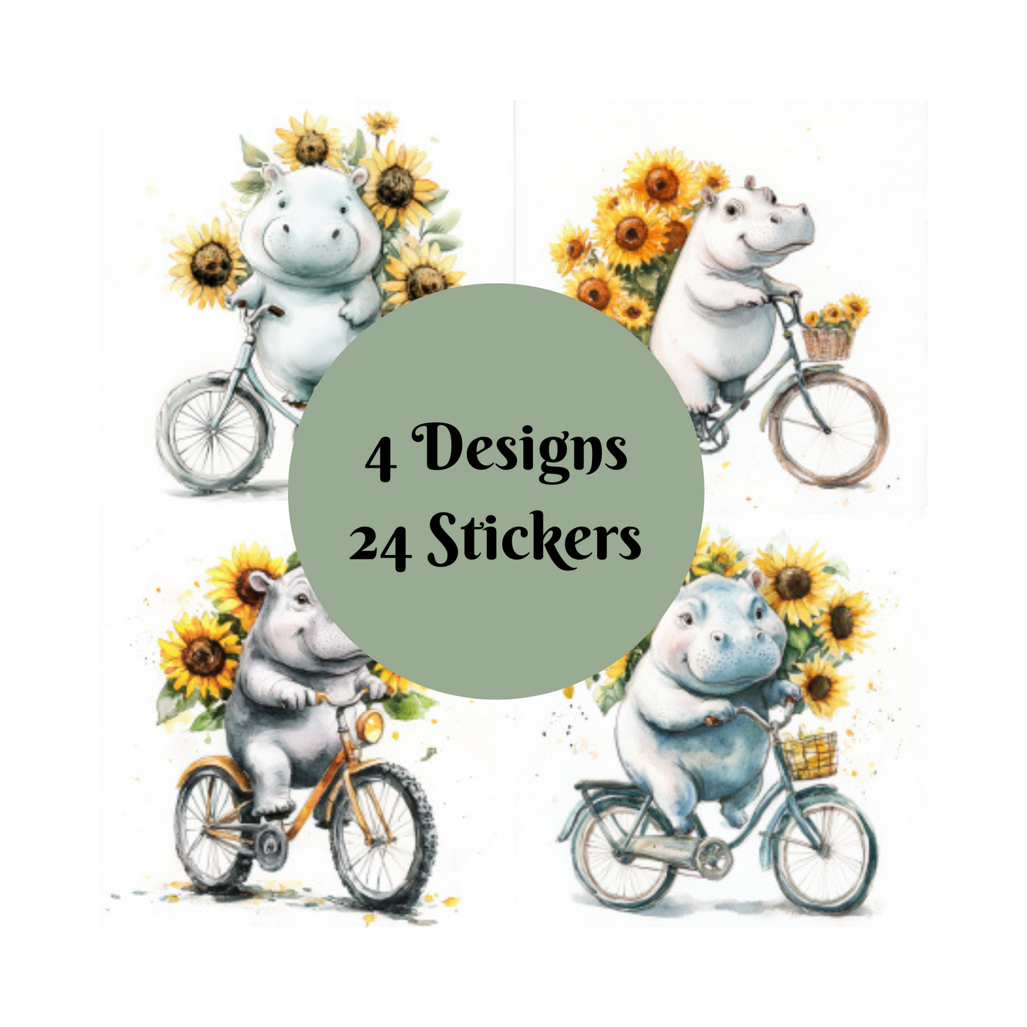 Hippo Stickers, Watercolour design square cut